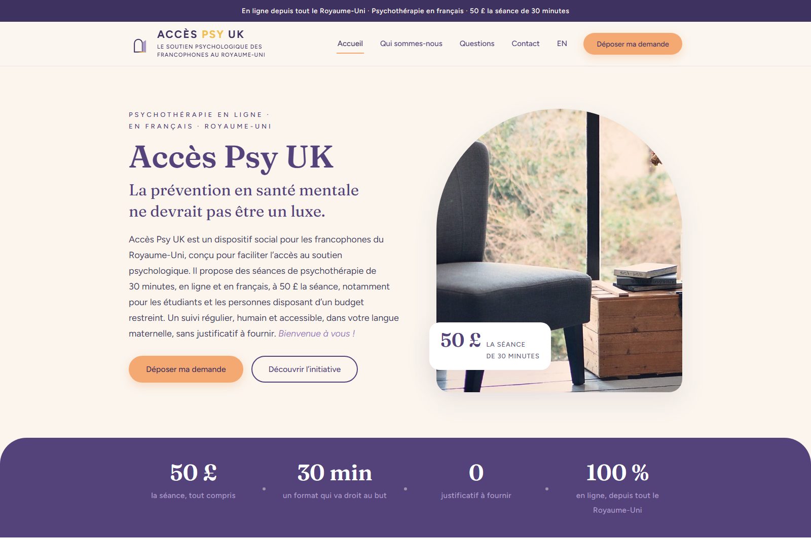 Page d’accueil d’Accès Psy UK, site créé avec l’IA : dispositif de psychothérapie en français au Royaume-Uni, séance de 30 minutes à 50 livres, palette crème et violet
