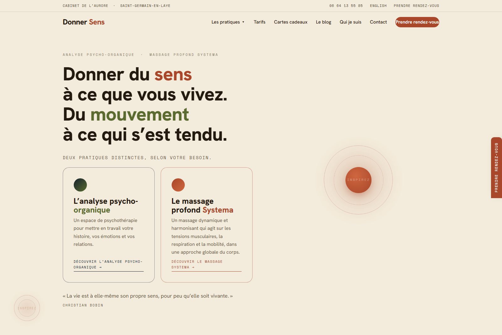 Page d’accueil du site Donner Sens créée avec l’IA : typographie soignée sur fond crème, deux pratiques de thérapie psychocorporelle présentées à Saint-Germain-en-Laye